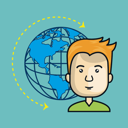 avatar man cartoon with earth planet world sphere. global network connection theme. vector illustrationのイラスト素材