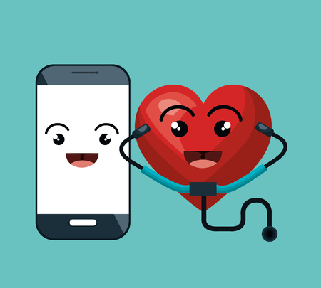 cartoon heart and smartphone with sthetoscope isolated vector illustrationのイラスト素材