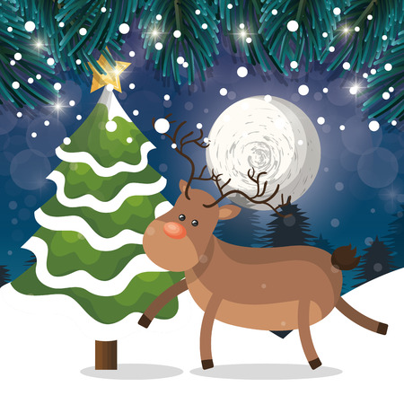 reindeer and tree snow landscape night with snow vector illustrationのイラスト素材