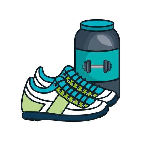 sport shoes gym equipment and protein bottle icon. vector illustrationのイラスト素材