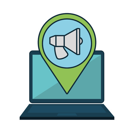 laptop computer device and location pin with  speaker icon inside. vector illustrationのイラスト素材