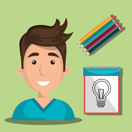 avatar creative man smiling with drawing notebook and colors pencils. colorful design. vector illustrationのイラスト素材