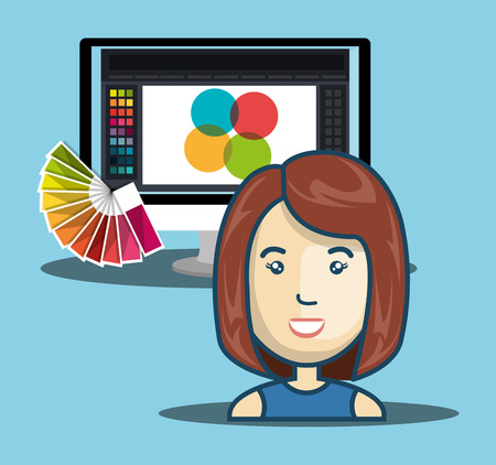 avatar graphic designer woman smiling and laptop with creative programs. vector illustrationのイラスト素材