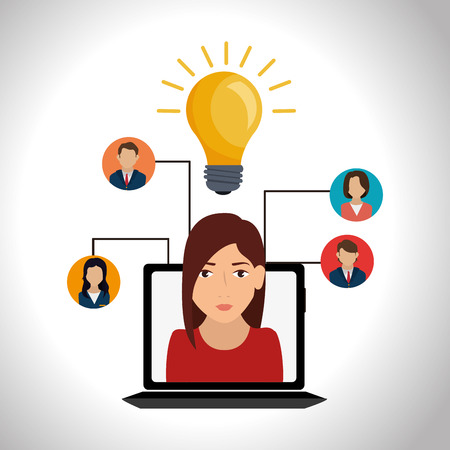 laptop and avatar woman with bulb light and social media icon set. colorful design. vector illustrationのイラスト素材
