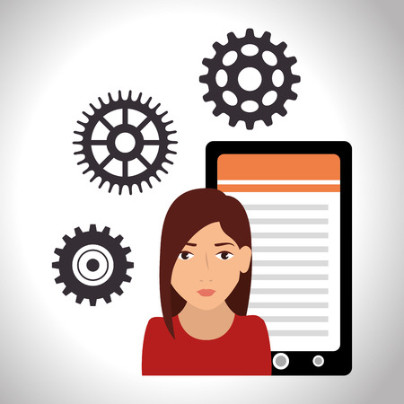 smartphone and avatar woman with gears wheels. colorful design. vector illustrationのイラスト素材