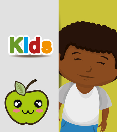 avatar kid smiling with apple fruit cartoon with happy expression face. colorful design. vector ilustrationのイラスト素材