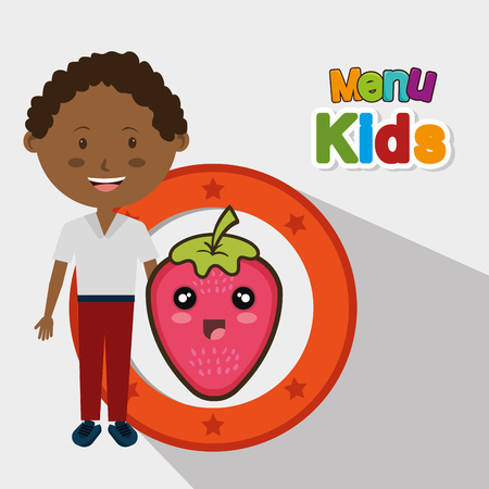 avatar kid with strawberry fruit cartoon with happy expression face. menu kids theme colorful design. vector illustrationのイラスト素材