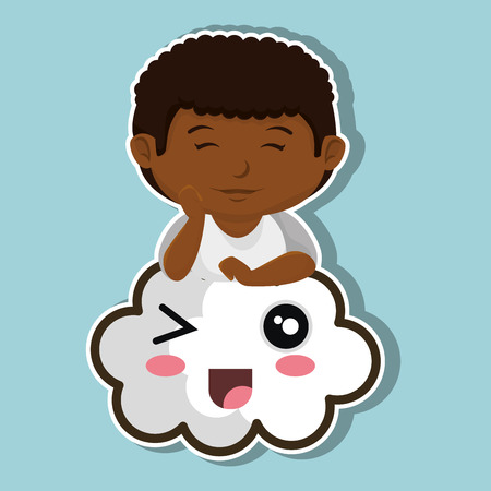 avatar boy smiling and  cartoon cloud with smiling face. colorful design. vector illustrationのイラスト素材