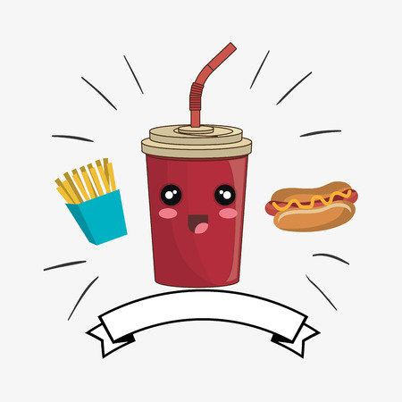 soda drink cartoon with happy expression face and french fries and hot dog food. colorful design. vector illustrationのイラスト素材