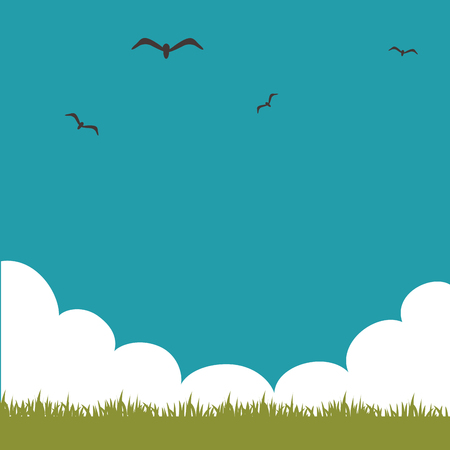 blue sky with birds and green grass landscape background. vector illustrationのイラスト素材