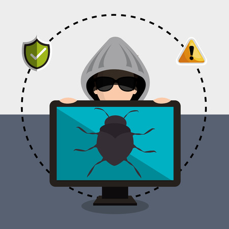 monitor computer and avatar man hacker with virus alert security system icon set. colorful design. vector illustrationのイラスト素材