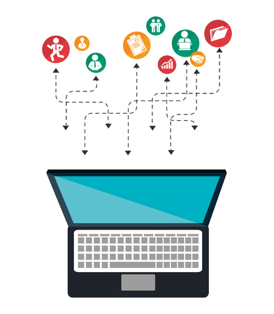 laptop computer with human resource icon set. colorful design. vector illustrationのイラスト素材