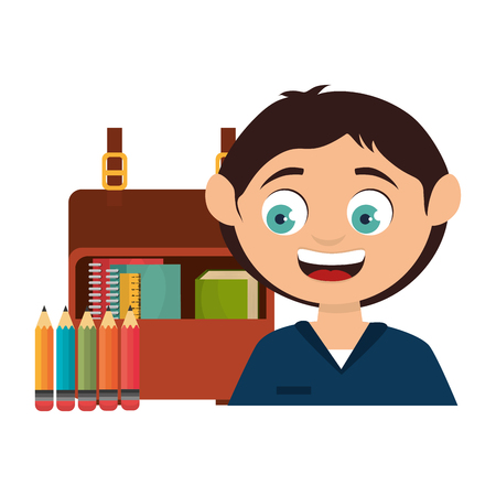 avatar boy smiling with school utensils bag  and colors pencils icon. colorful design. vector illustrationのイラスト素材