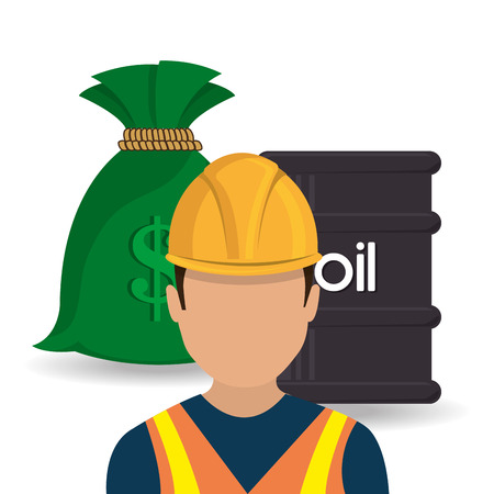 avatar man industrial worker with oil can and money sack. vector illustrationのイラスト素材