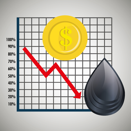 financial graphic chart with arrow red down and money coin with oil drop. petroleum price theme. vector illustrationのイラスト素材