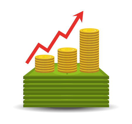 money bills and coins stack with financial red arrow up. vector illustrationのイラスト素材