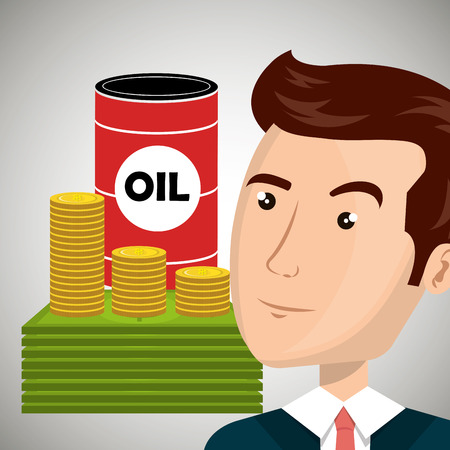 oil can with money coins and bills and avatar businessman. petroleum industry price design. vector illustrationのイラスト素材