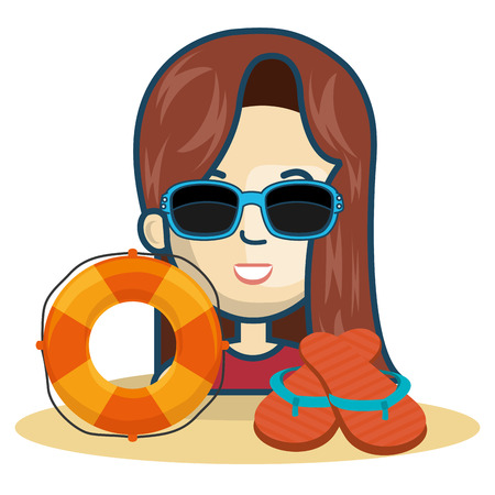 avatar woman smiling wearing sunglasses with flip flops and float. summer vacations theme over white background. vector illustrationのイラスト素材