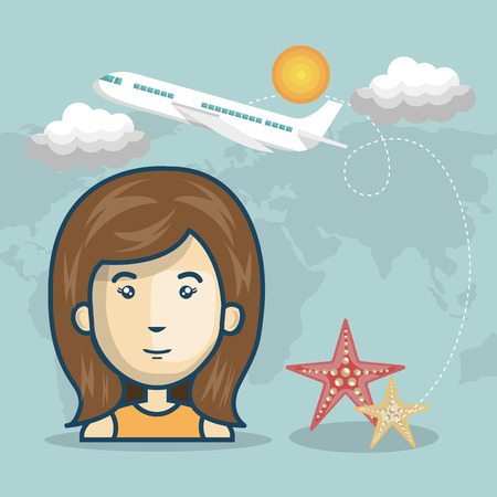 avatar woman smiling with red and yellow seastars and airplane flying over world map background. vector illustrationのイラスト素材