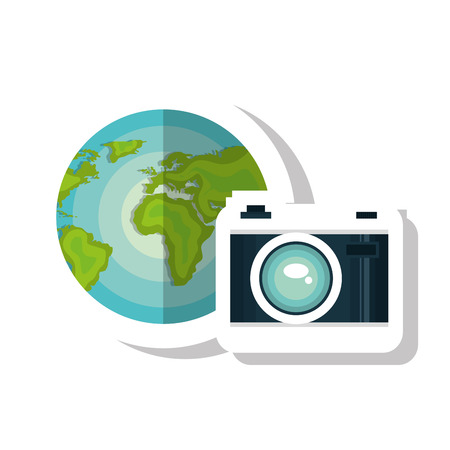 photographic camera device and earth planet globe icon over white background. vector illustrationのイラスト素材