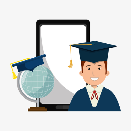 smartphone device and avatar man with graduation hat. education app design. vector illustrationのイラスト素材