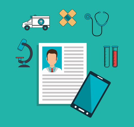 doctor curriculum vitae with smartphone and medical icon set over blue background. colorful design. vector illustrationのイラスト素材