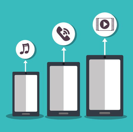 smartphones portable devices with musical note and video player icon over blue background. vector illustrationのイラスト素材