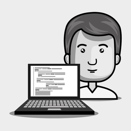avatar man smiling with laptop computer device over white background. vector illustrationのイラスト素材