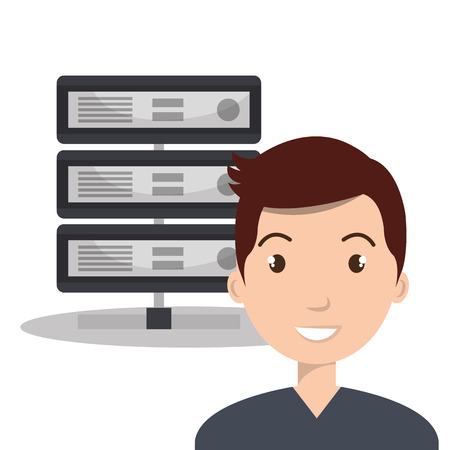 avatar man smiling with data host device icon over white background. vector illustrationのイラスト素材