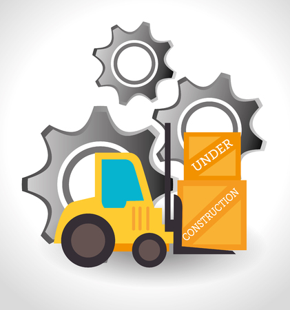 forklift truck with boxes and gears icon over white background. under construction design. vector illustrationのイラスト素材