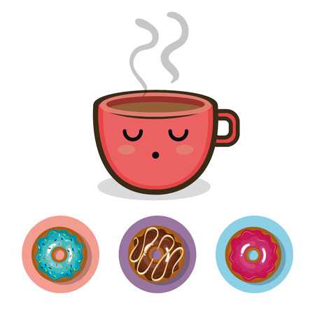 red coffee cup cartoon and sweet donuts over white background. colorful design. vector illustrationのイラスト素材