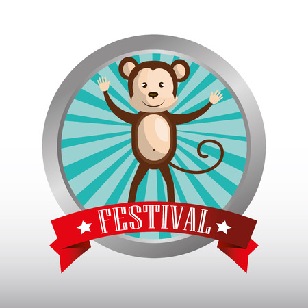 button with ribbon and happy monkey circus festival  show icon over white background. colorful design. vector illustrationのイラスト素材