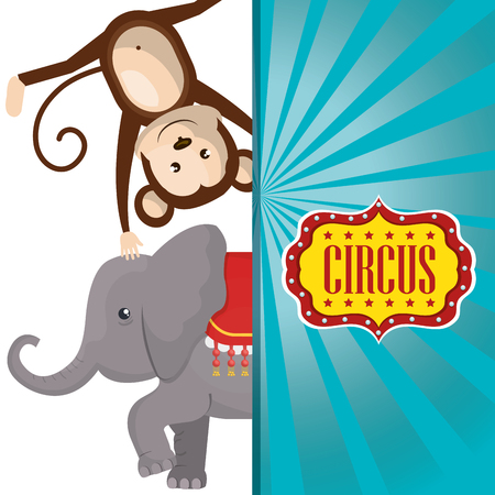 elephant and happy monkey circus festival show icon over white and blue  background. colorful design. vector illustrationのイラスト素材