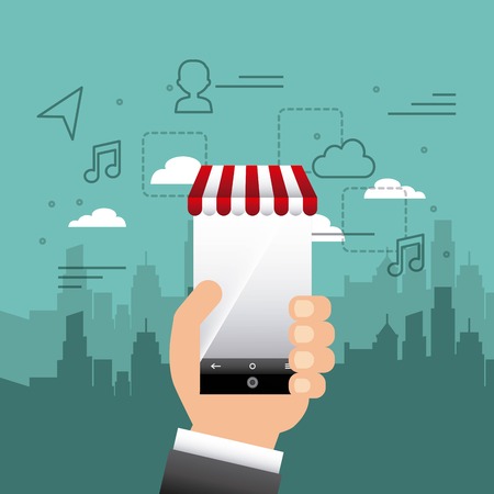 cityscape with social marketing icons vector illustration designのイラスト素材