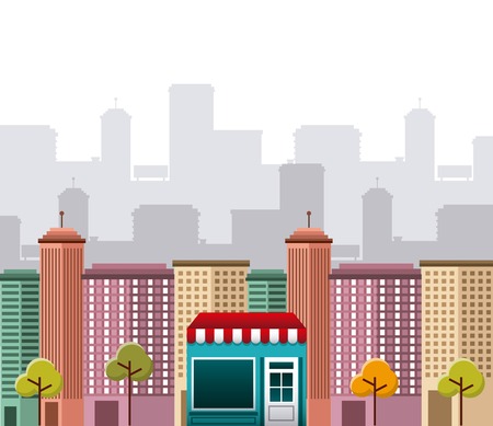 cityscape with social marketing icons vector illustration designのイラスト素材