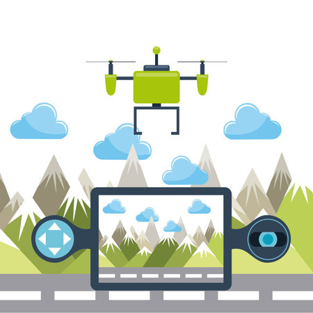 cityscape buildings with drones flying vector illustration design