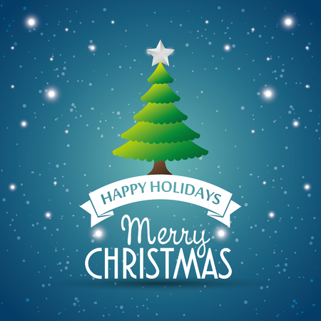 happy holidays merry christmas tree star label blue background vector illustration eps 10のイラスト素材