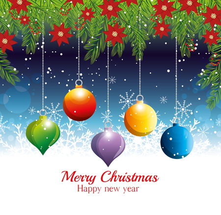 merry christmas happy new year hanging balls garland with flowers vector illustration eps 10のイラスト素材