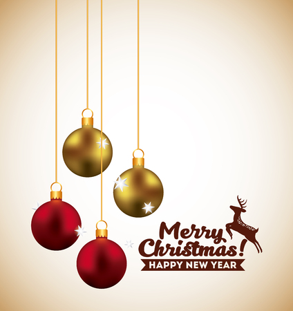 merry christmas and happy new year  card with balls hanging and deer decoration icons. colorful design. vector illustrationのイラスト素材