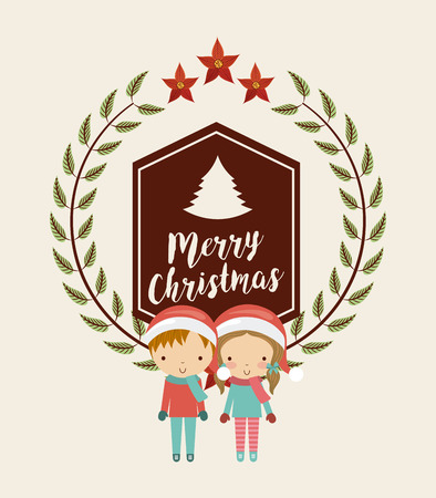 merry christmas card with leaves wreath and cartoon kids decoration icons. colorful design. vector illustrationのイラスト素材