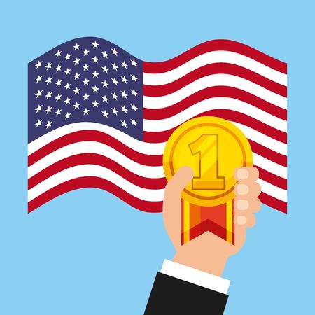 human hand holding a winner gold medal icon over usa flag and bluee background. vector illustrationのイラスト素材
