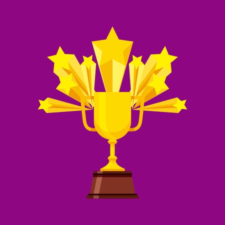 gold trophy icon with stars burst over purple background. vector illustrationのイラスト素材