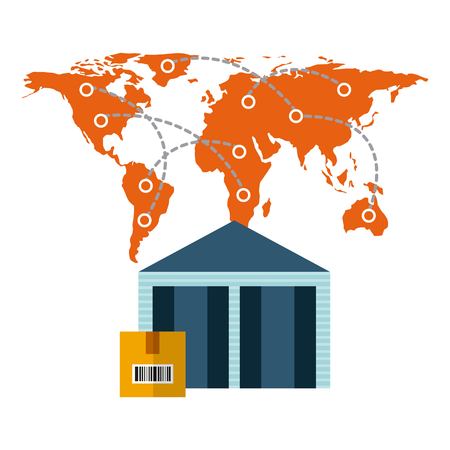 world map and warehouose with a box over white background. import and export design. vector illustrationのイラスト素材