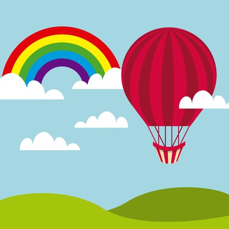 air balloon vehicle over sky with rainbow background. colorful design. vector illustrationのイラスト素材