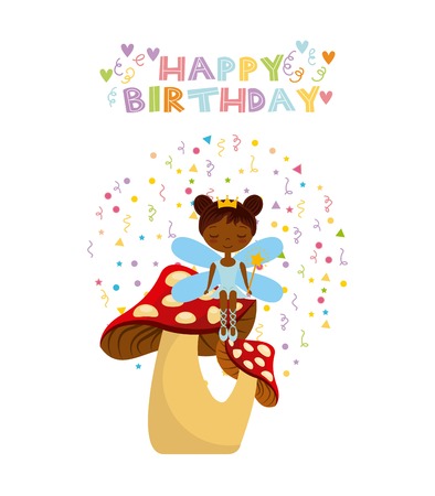 happy birthday card with cute fairy girl icon over white background. colorful design. vector illustrationのイラスト素材