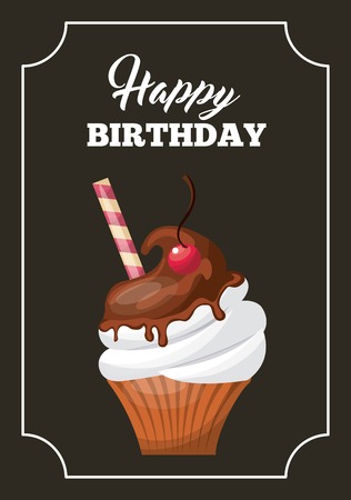 happy birthday card with sweet cupcake icon over white background. colorful design. vector illustrationのイラスト素材