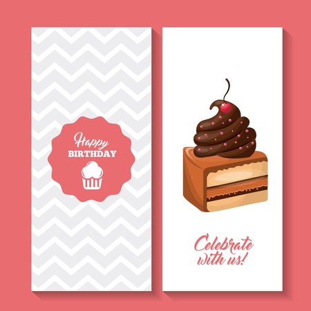 happy birthday card with piece of cake icon over pink background. colorful design. vector illustrationのイラスト素材