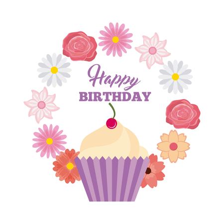 happy birthday card with sweet cupcake icon around wreath flowers over white background. colorful design. vector illustrationのイラスト素材