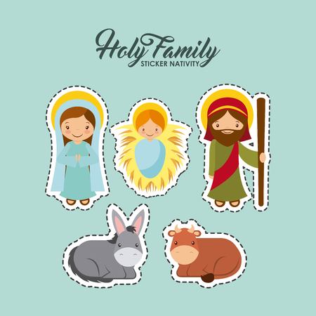 sticker nativity of holy family manger scene. merry christmas colorful design. vector illustrationのイラスト素材