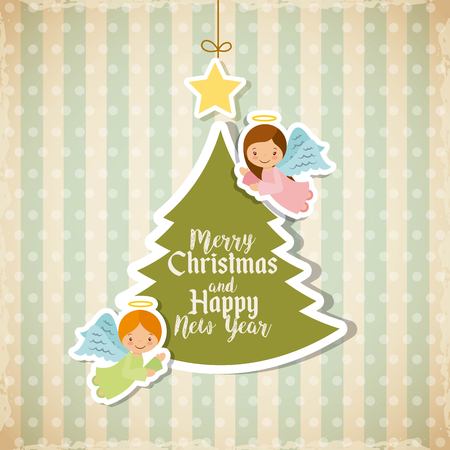 colorful merry christmas card with green pine tree icon. vector illustrationのイラスト素材